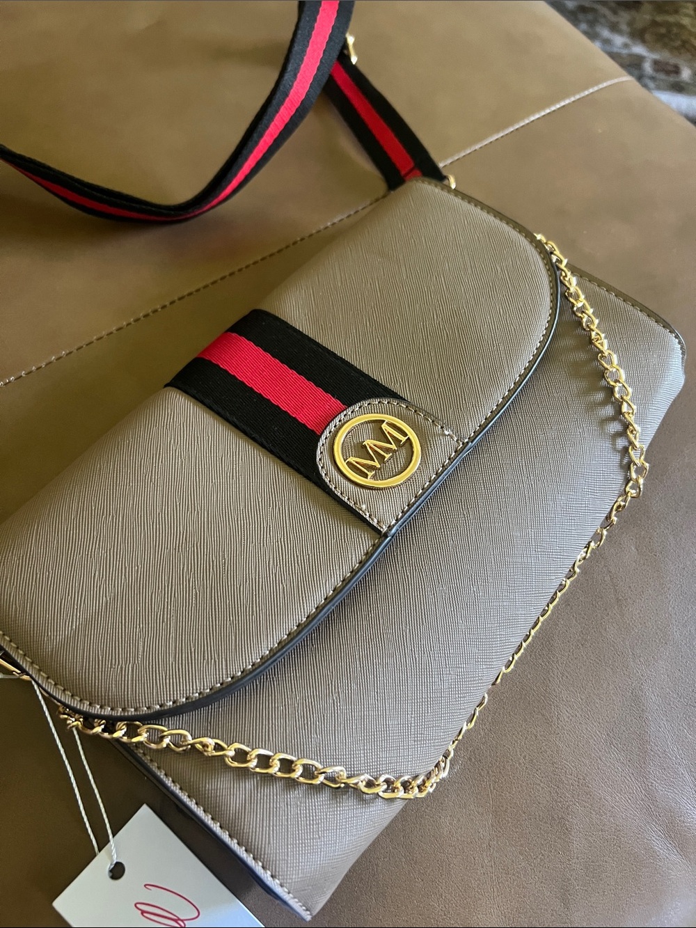 Marilyn Monroe Embossed Taupe Crossbody Bag with Red-Black Stripe